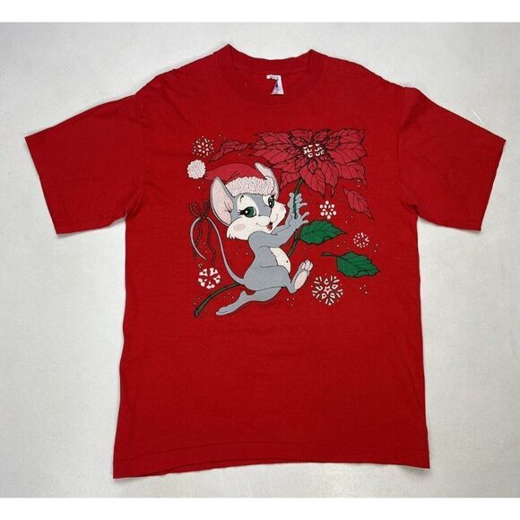 VINTAGE Mice Mouse Christmas Graphic T-shirt Men Large Red USA 90s Single Stitch - Picture 1 of 7